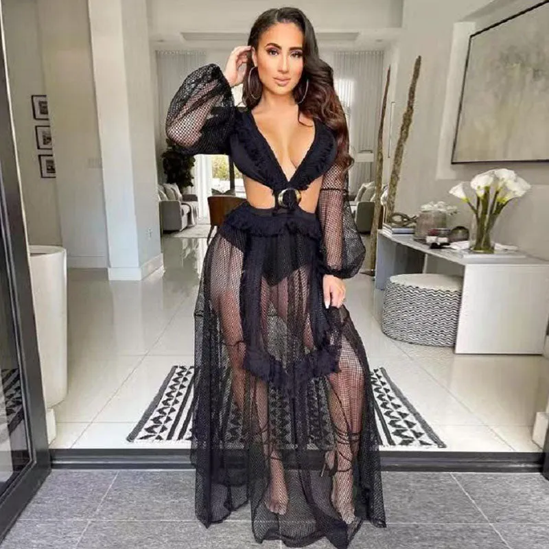 Sexy Deep V-neck Cut Out Long Sleeve Maxi Dress Long White Lace Tunic Party Women Clothes  Summer Beach Dress
