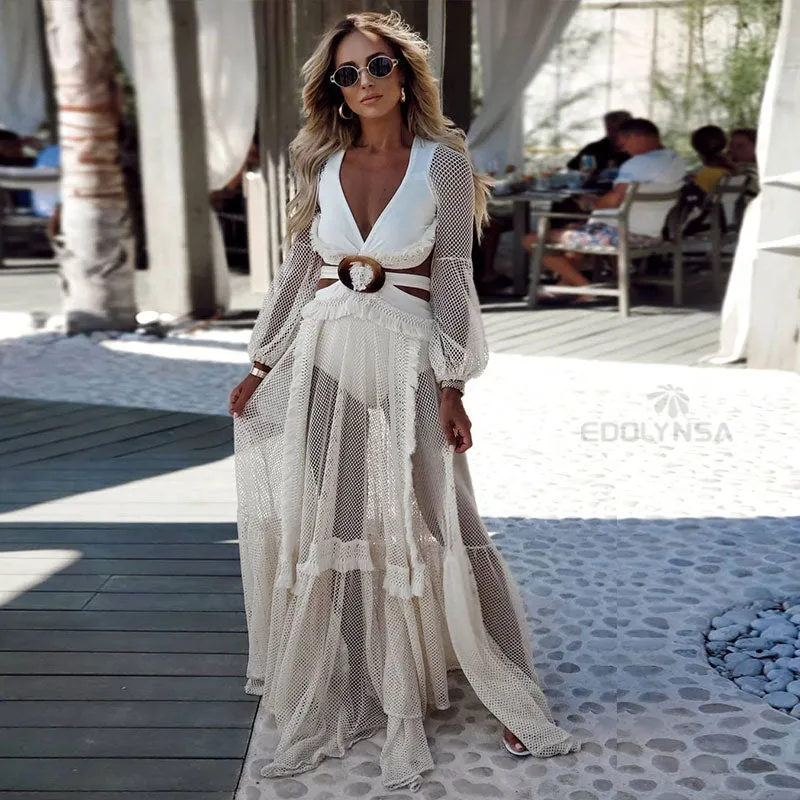 Sexy Deep V-neck Cut Out Long Sleeve Maxi Dress Long White Lace Tunic Party Women Clothes  Summer Beach Dress