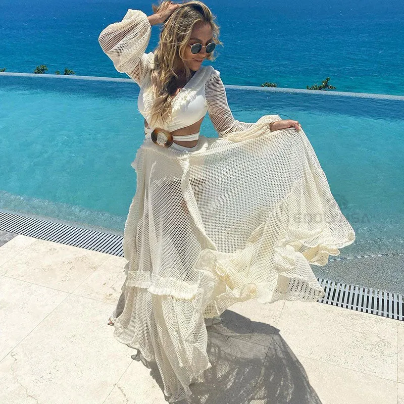 Sexy Deep V-neck Cut Out Long Sleeve Maxi Dress Long White Lace Tunic Party Women Clothes  Summer Beach Dress