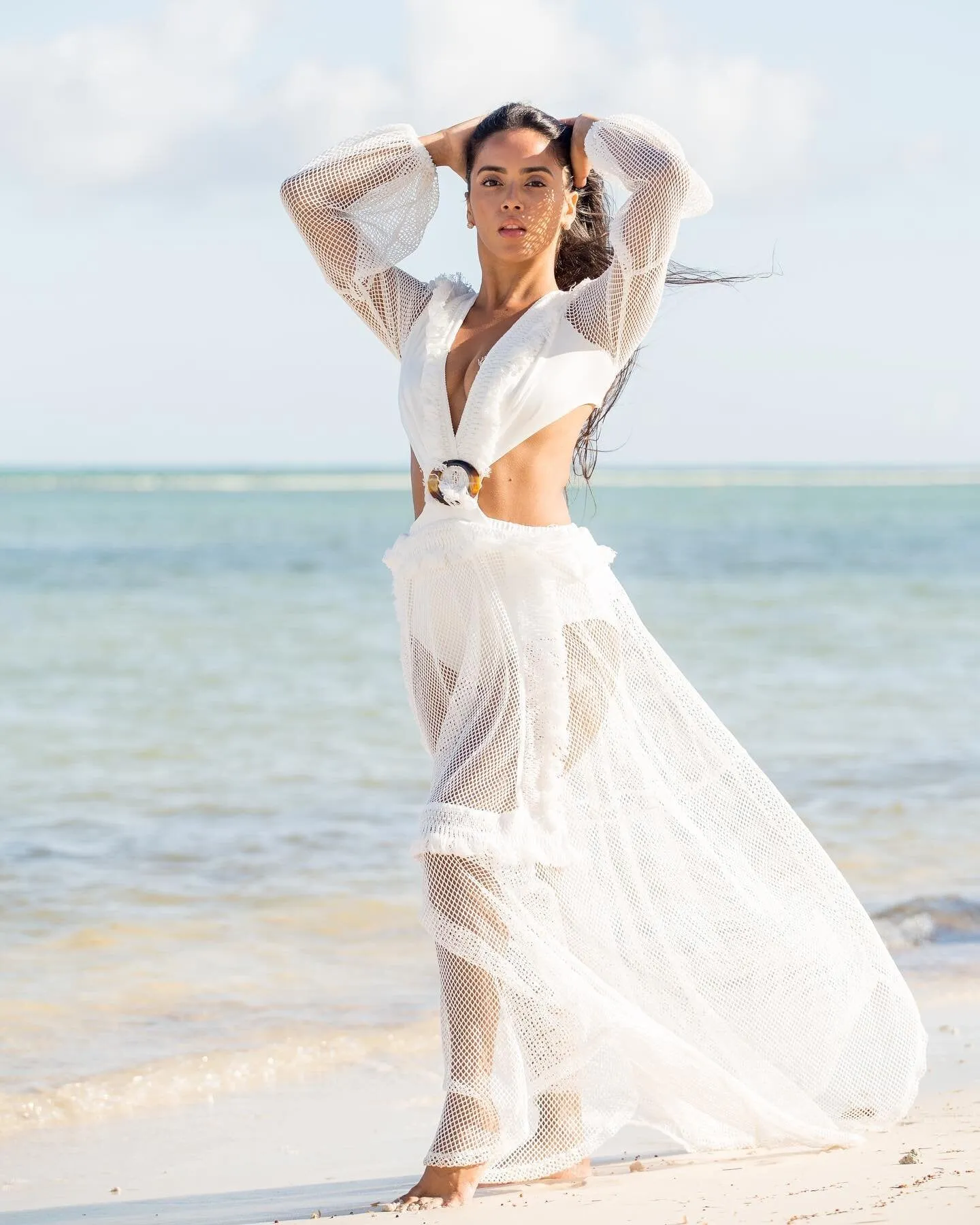 Sexy Deep V-neck Cut Out Long Sleeve Maxi Dress Long White Lace Tunic Party Women Clothes  Summer Beach Dress