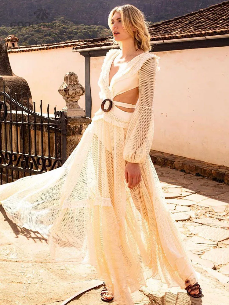 Sexy Deep V-neck Cut Out Long Sleeve Maxi Dress Long White Lace Tunic Party Women Clothes  Summer Beach Dress
