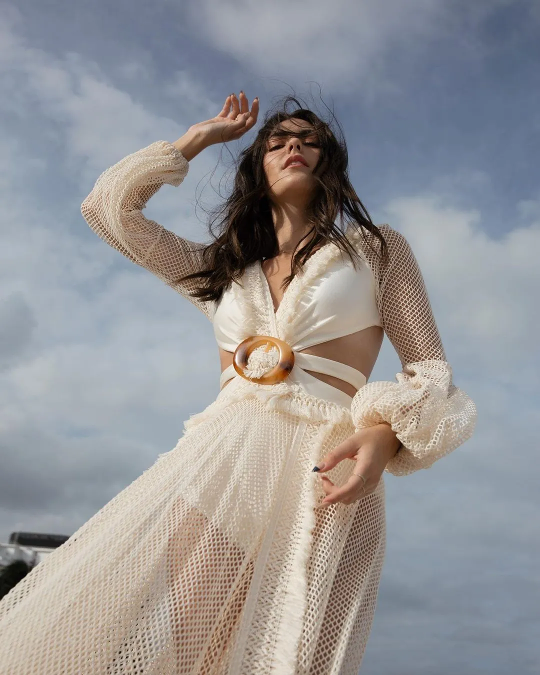 Sexy Deep V-neck Cut Out Long Sleeve Maxi Dress Long White Lace Tunic Party Women Clothes  Summer Beach Dress