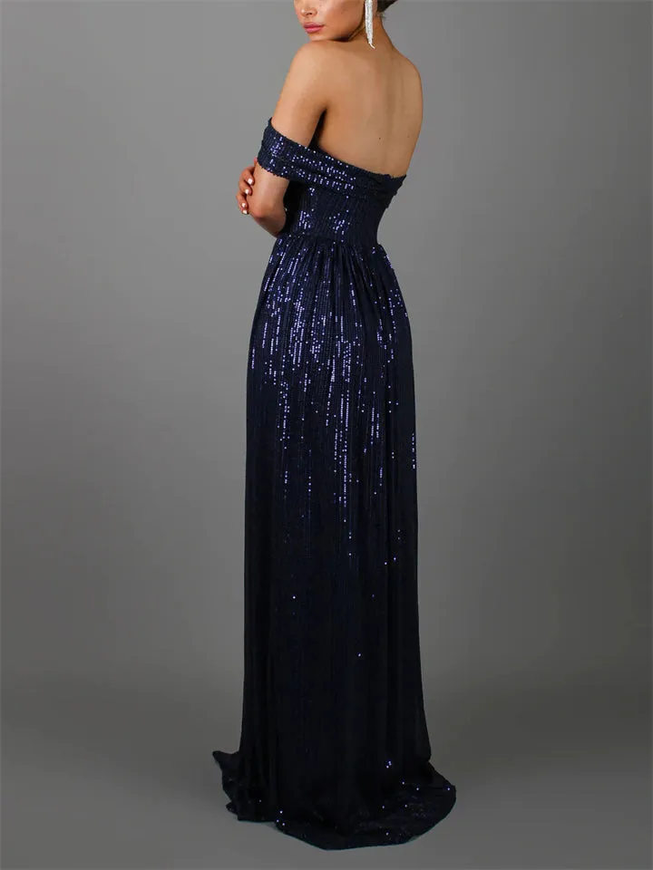 Sexy Ladies Gorgeous Sequins Off Shoulder Backless Evening Dress