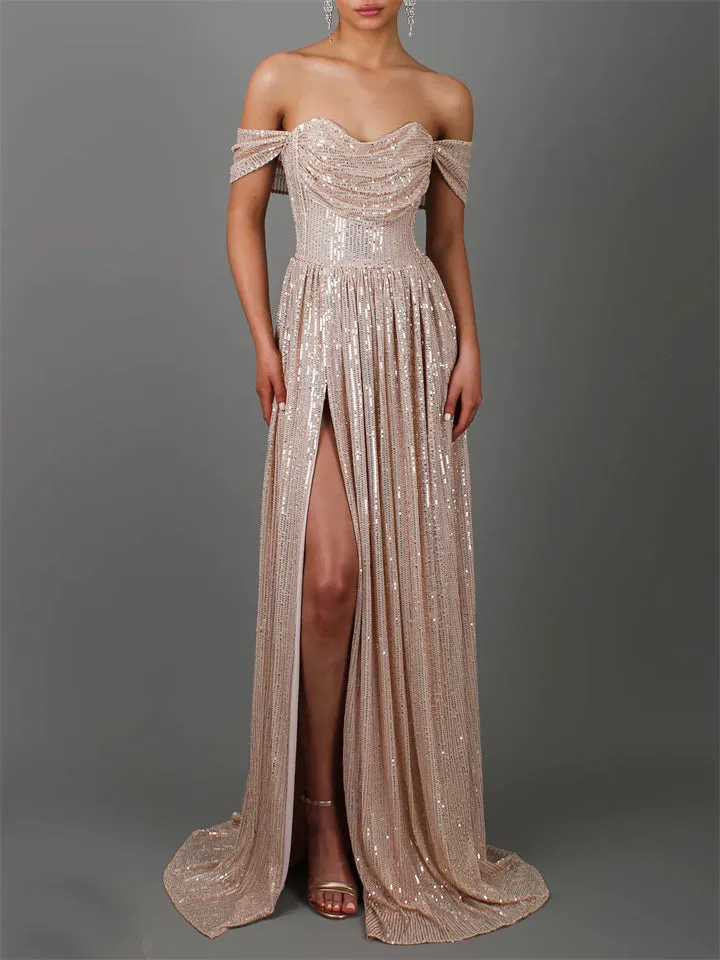 Sexy Ladies Gorgeous Sequins Off Shoulder Backless Evening Dress