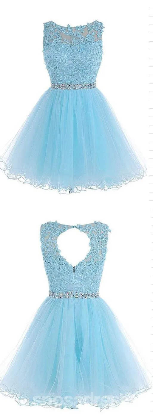 Sexy Open back Light Blue lace Tulle homecoming prom dresses, CM0020