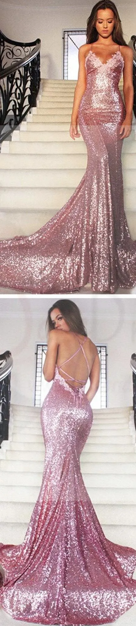 Sexy Pink Sequin Mermaid Prom Dresses, Spaghetti Backless Prom Dresses