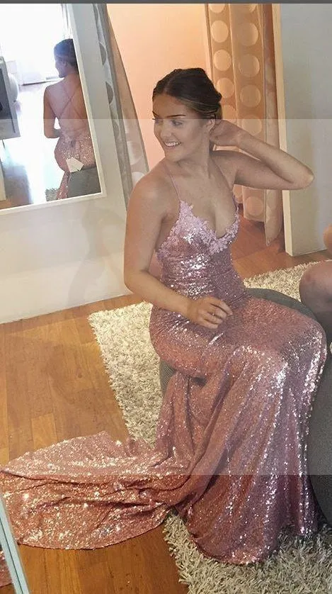 Sexy Pink Sequin Mermaid Prom Dresses, Spaghetti Backless Prom Dresses
