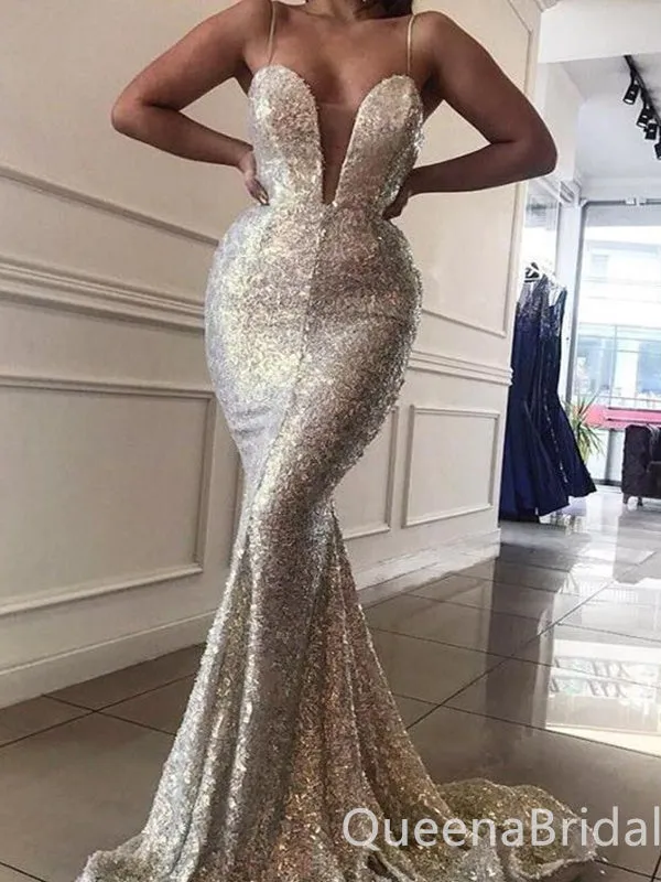 Sexy Sparkle Plunging Mermaid Spaghetti Straps Evening Gown Long Formal Dresses Prom Dresses , WGP749
