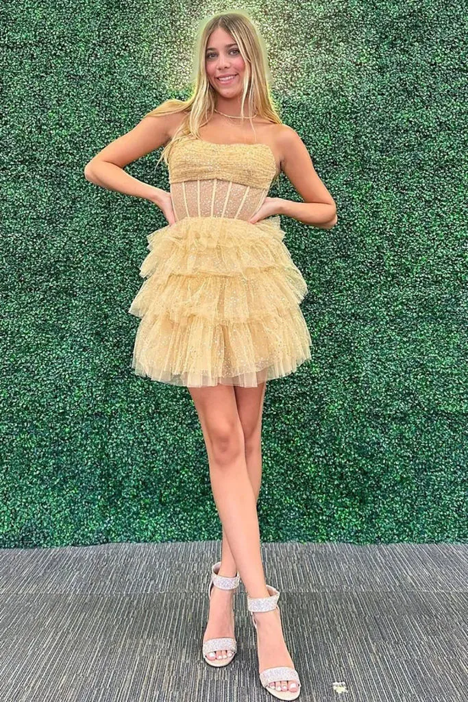 Shiny Strapless Layered Lilac /Black /Yellow Short Prom Dresses, Strapless Lilac Formal Evening Homecoming Dresses