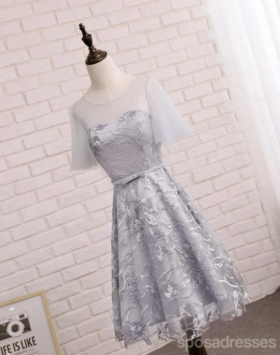 Short Sleeve Gray Lace Cute Homecoming Prom Dresses, Affordable Short Party Prom Sweet 16 Dresses, Perfect Homecoming Cocktail Dresses, CM338