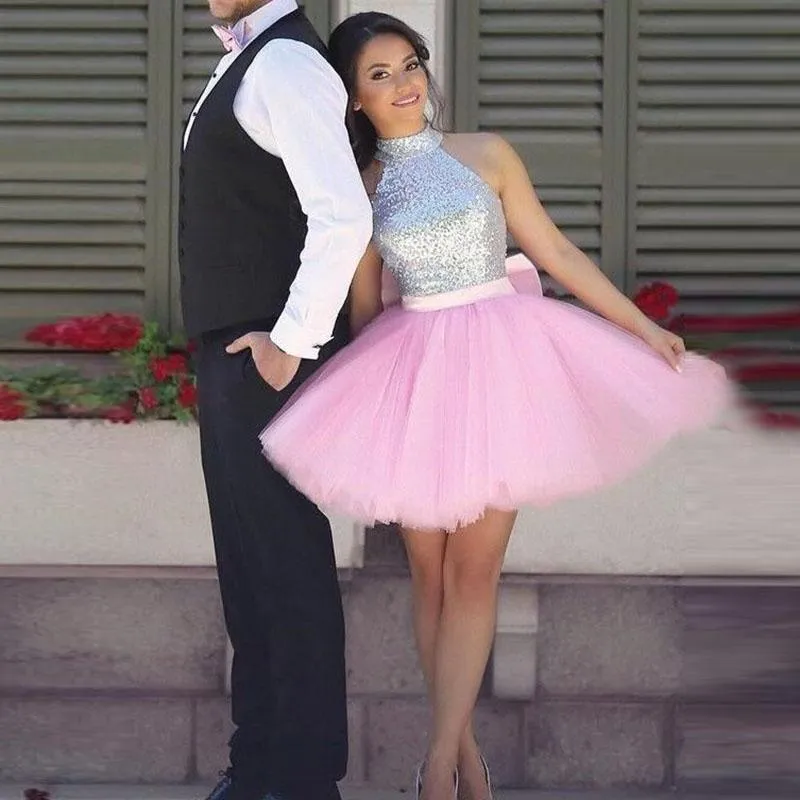 Simple Cute Short Silver Sequin Pink Skirt Cheap Homecoming Dresses 2018, BDY0324