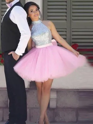 Simple Cute Short Silver Sequin Pink Skirt Cheap Homecoming Dresses 2018, BDY0324