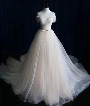 Simple light champagne tulle long prom dress, champagne tulle wedding dress
