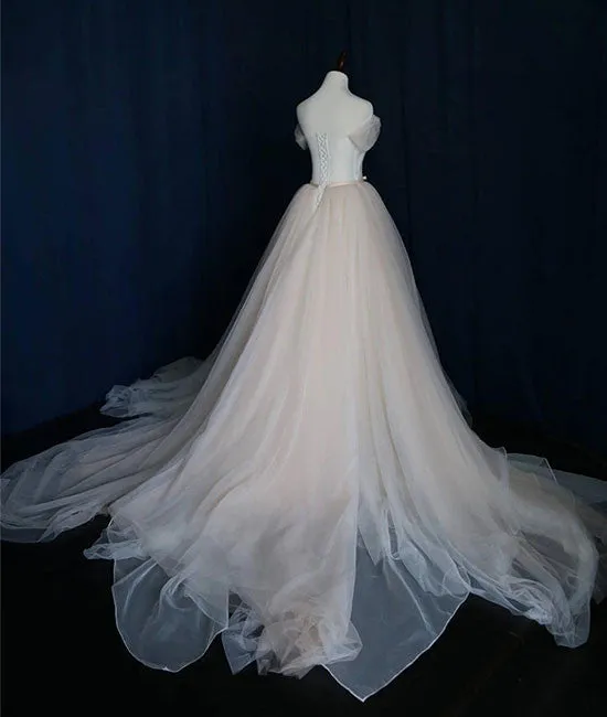 Simple light champagne tulle long prom dress, champagne tulle wedding dress