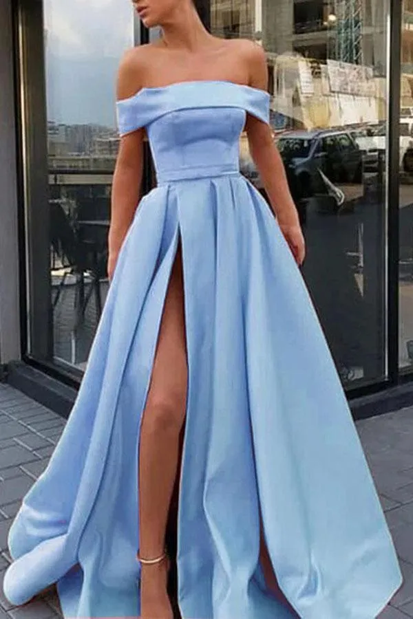 Simple Yellow Satin A Line Off the Shoulder High Slit Long Prom Dresses, SP556
