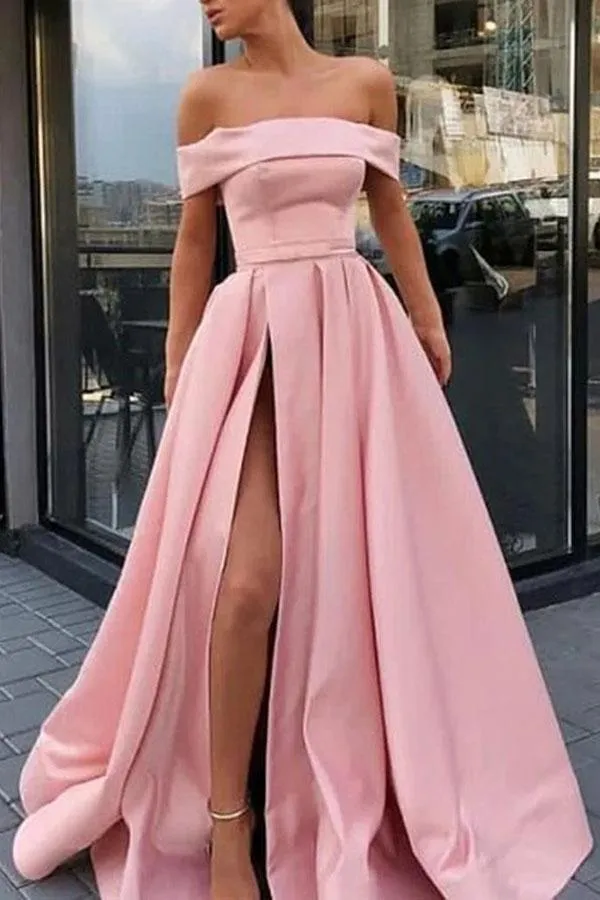 Simple Yellow Satin A Line Off the Shoulder High Slit Long Prom Dresses, SP556