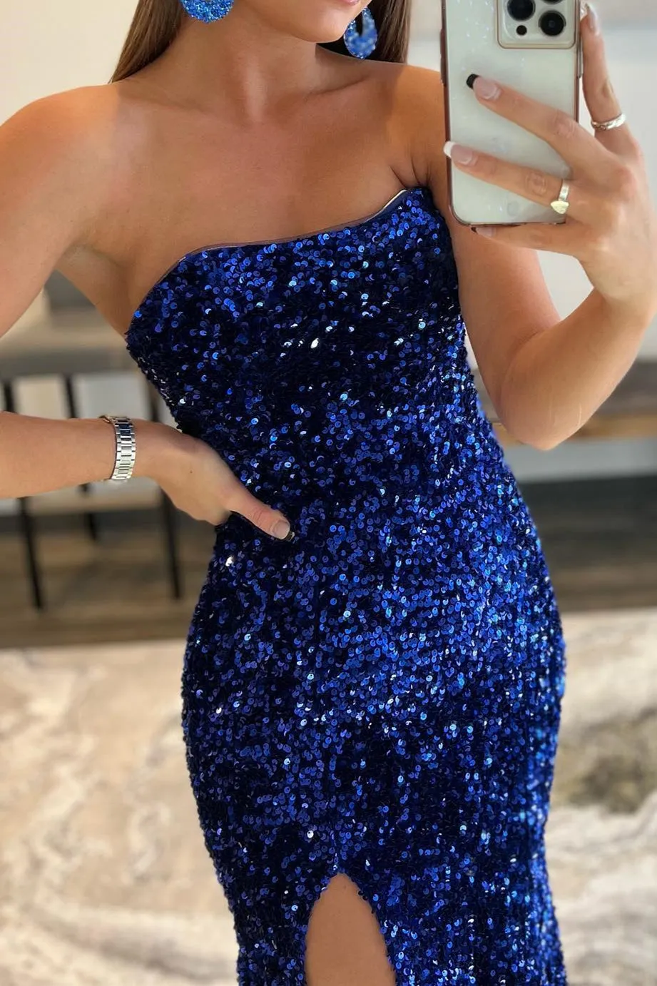 Simply Elegant Blue Sequin Mermaid Strapless Long Formal Dress