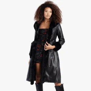 Sissy Boy Womens Faux Leather Coat Faux Fur Detail Black