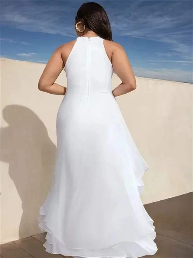 Sleeveless Layered Ruffled Bridesmaid White Long Dress