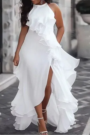 Sleeveless Layered Ruffled Bridesmaid White Long Dress