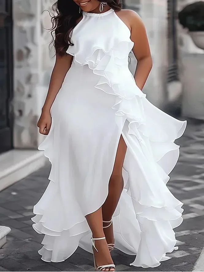 Sleeveless Layered Ruffled Bridesmaid White Long Dress