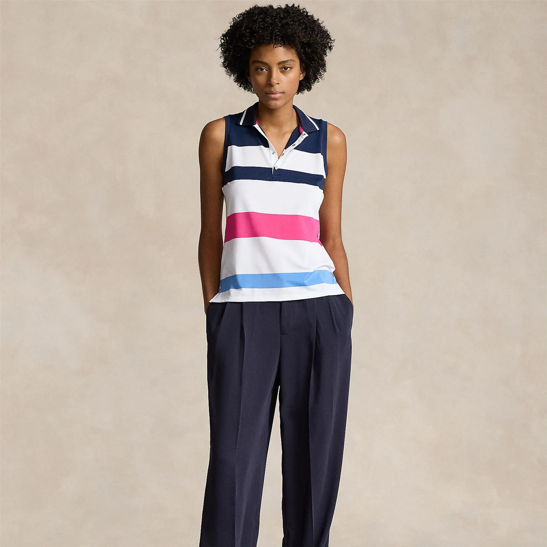Sleeveless Polo Shirt-Refined Navy/Ceramic White/Bright Pink/Summer Blue