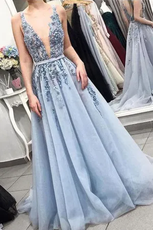 Sleeveless V-neck Backless Light Blue with Lace Appliques Long Prom Dresses,MP481