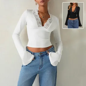 Slim V-Neck Lace Top – Trendy Trumpet Long-Sleeved