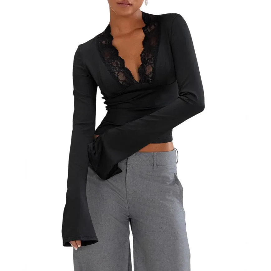 Slim V-Neck Lace Top – Trendy Trumpet Long-Sleeved