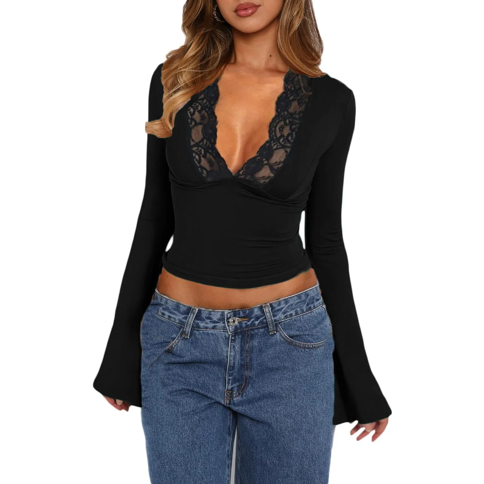 Slim V-Neck Lace Top – Trendy Trumpet Long-Sleeved