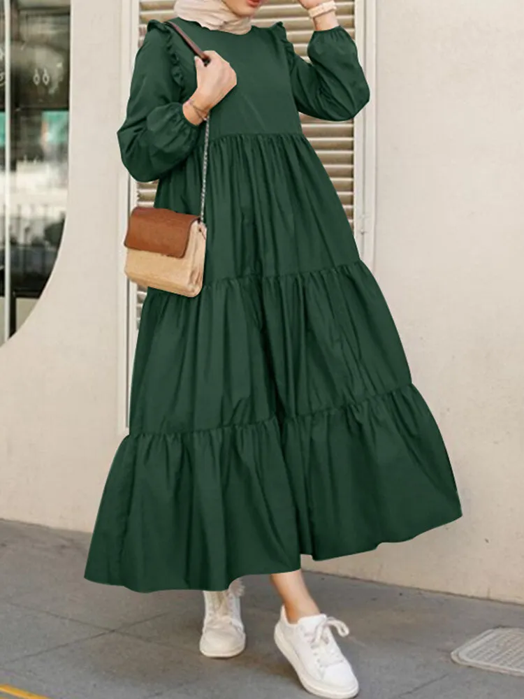 Solid Cotton Ruffles Hem Layered O-neck Tiered Casual Long Sleeve Women Maxi Dress