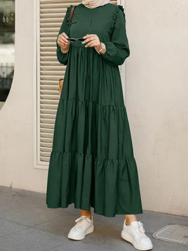 Solid Cotton Ruffles Hem Layered O-neck Tiered Casual Long Sleeve Women Maxi Dress