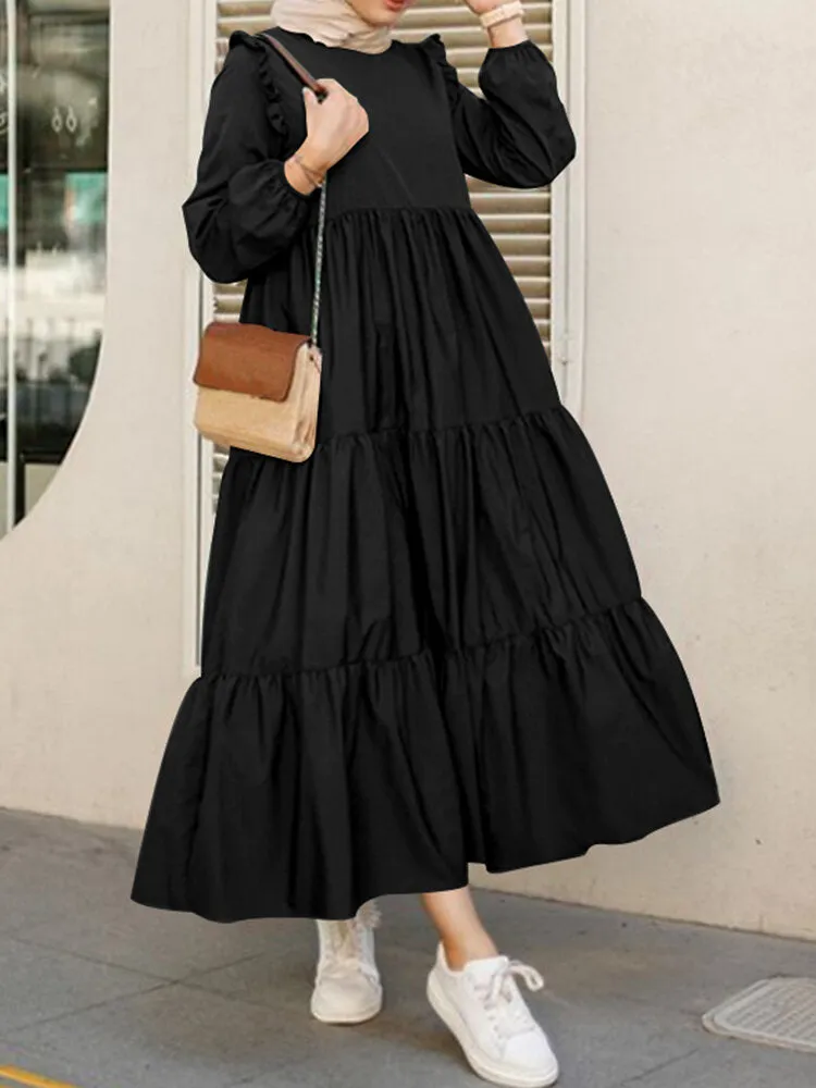 Solid Cotton Ruffles Hem Layered O-neck Tiered Casual Long Sleeve Women Maxi Dress