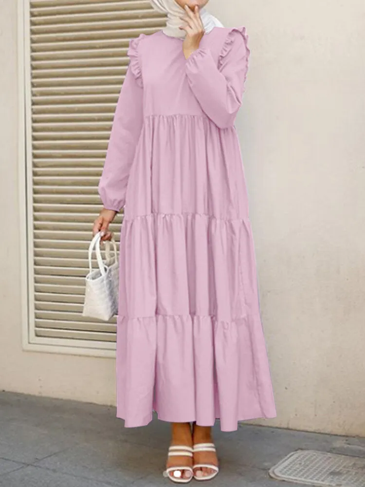 Solid Cotton Ruffles Hem Layered O-neck Tiered Casual Long Sleeve Women Maxi Dress