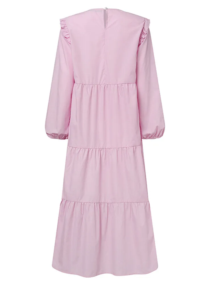 Solid Cotton Ruffles Hem Layered O-neck Tiered Casual Long Sleeve Women Maxi Dress