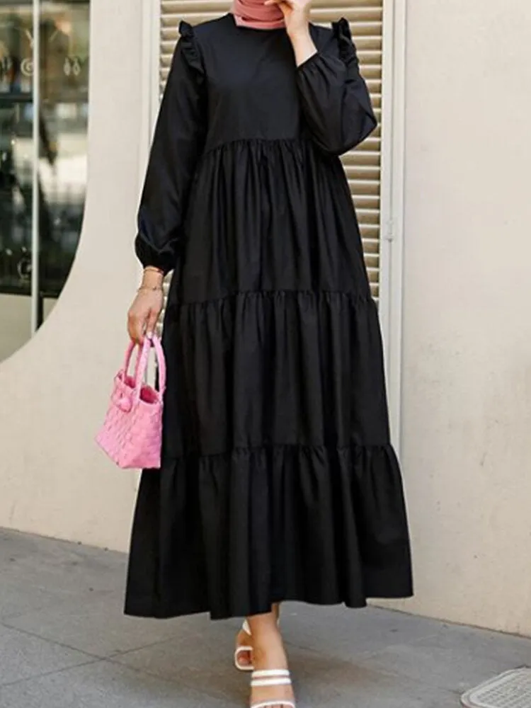 Solid Cotton Ruffles Hem Layered O-neck Tiered Casual Long Sleeve Women Maxi Dress