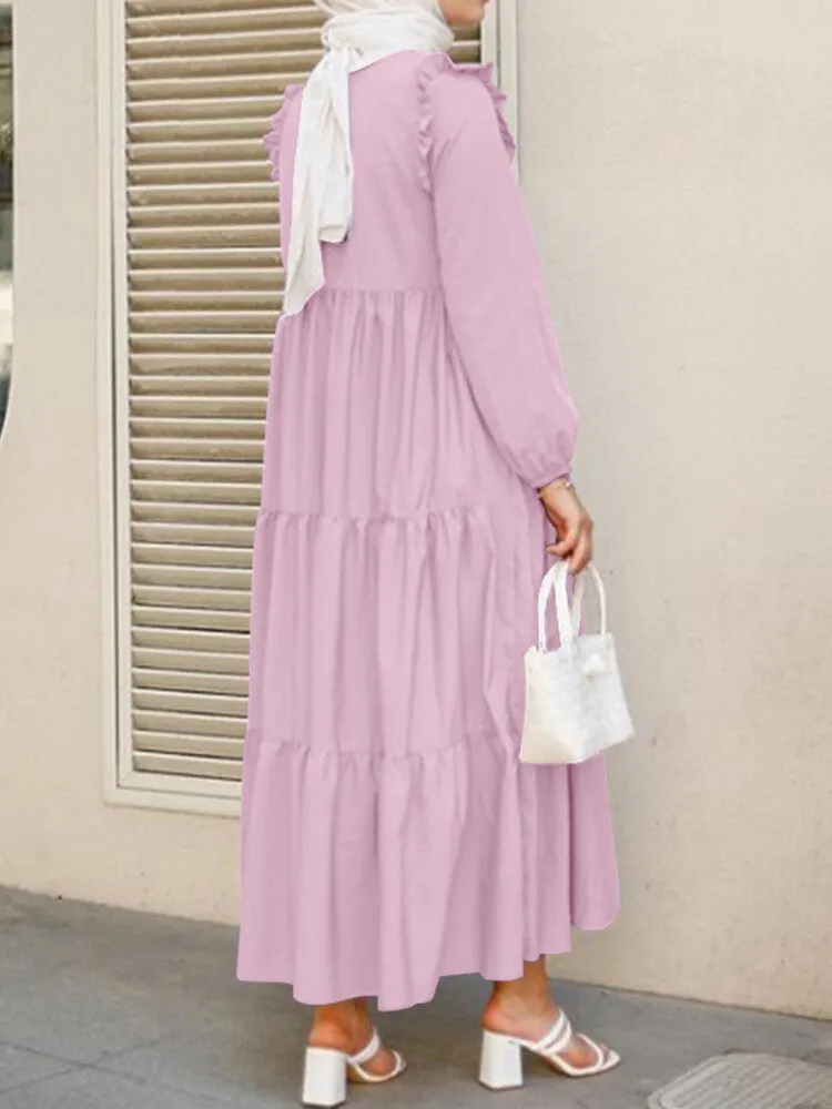Solid Cotton Ruffles Hem Layered O-neck Tiered Casual Long Sleeve Women Maxi Dress