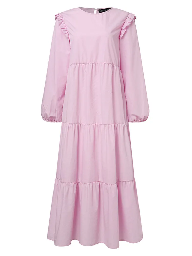 Solid Cotton Ruffles Hem Layered O-neck Tiered Casual Long Sleeve Women Maxi Dress