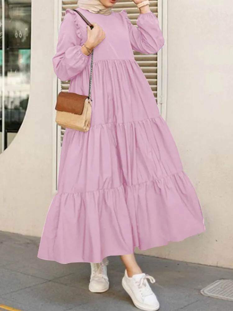 Solid Cotton Ruffles Hem Layered O-neck Tiered Casual Long Sleeve Women Maxi Dress