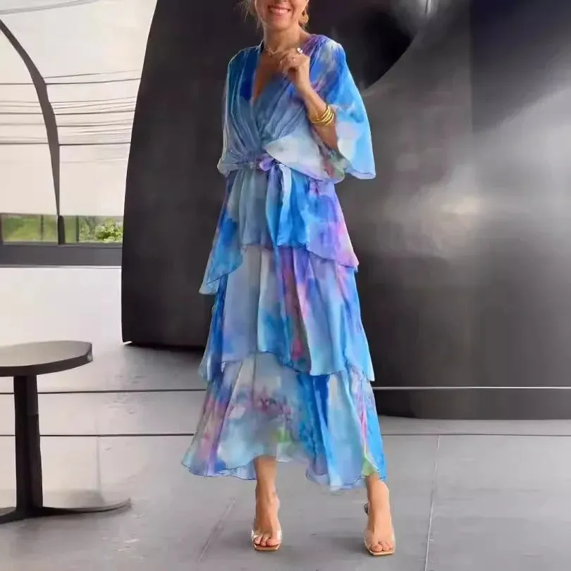 Solstice - Flowy Half Sleeve Long Layered Party Dress