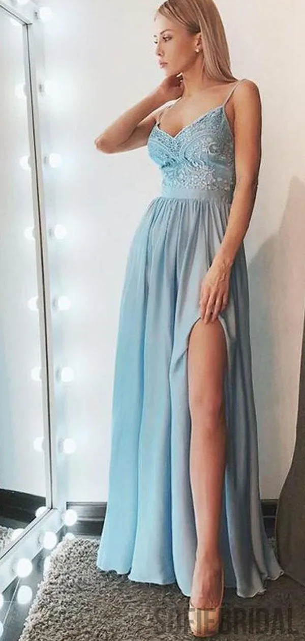 Spaghetti Light Blue Prom Dresses, Side Slit Prom Dresses, Chiffon Lace Prom Dresses, PD0716