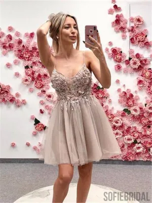 Spaghetti Straps Appliques Beading Top Tulle Homecoming Dress, HD0160