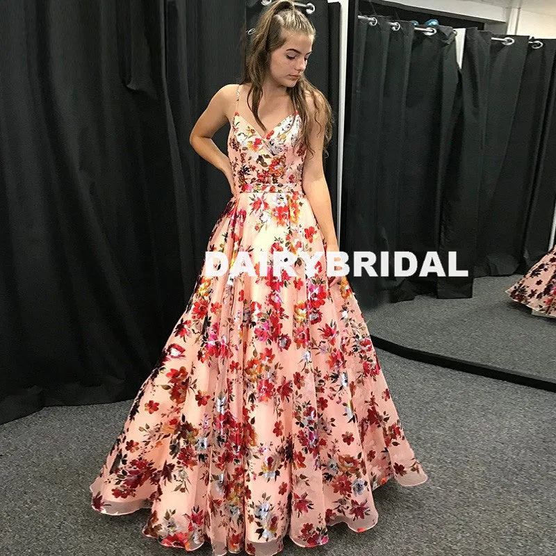 Spaghetti Straps Printed Flowers Chiffon Backless A-Line Prom Dress, FC1255