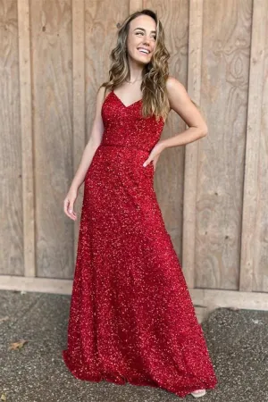 Spaghetti Straps Sequins Long Prom Dresses