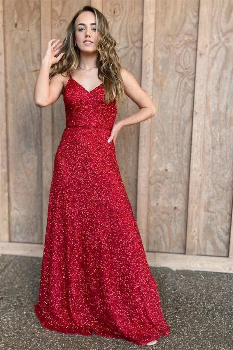 Spaghetti Straps Sequins Long Prom Dresses