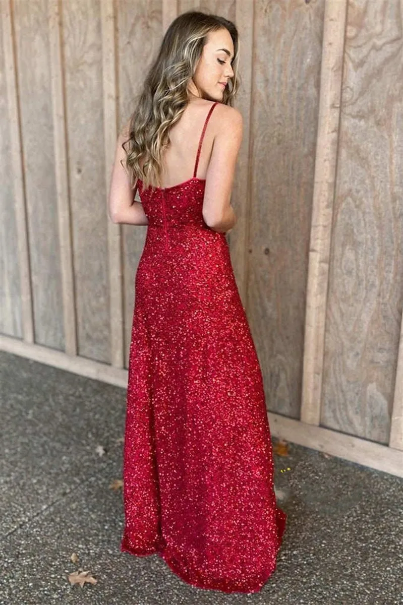 Spaghetti Straps Sequins Long Prom Dresses