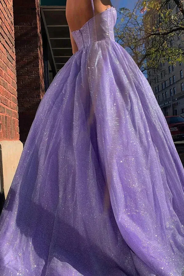Sparkly Lilac A-line Sweetheart Spaghetti Straps Prom Dresses, Evening Gown, SP846