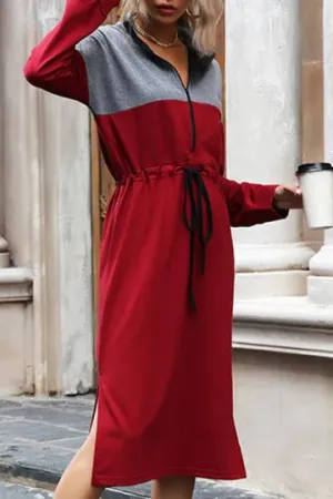Stand-up Collar Midi Sweater Dress with Zipper and Drawstring Waist