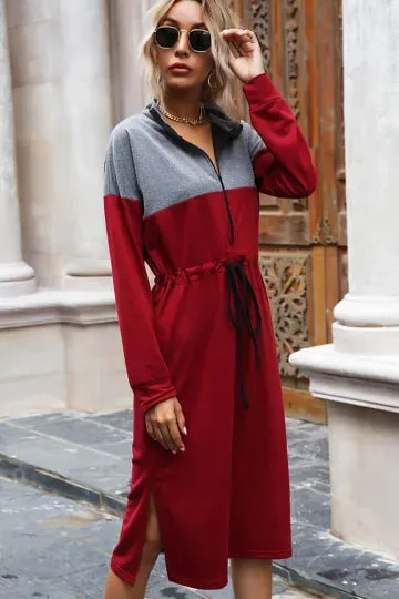 Stand-up Collar Midi Sweater Dress with Zipper and Drawstring Waist