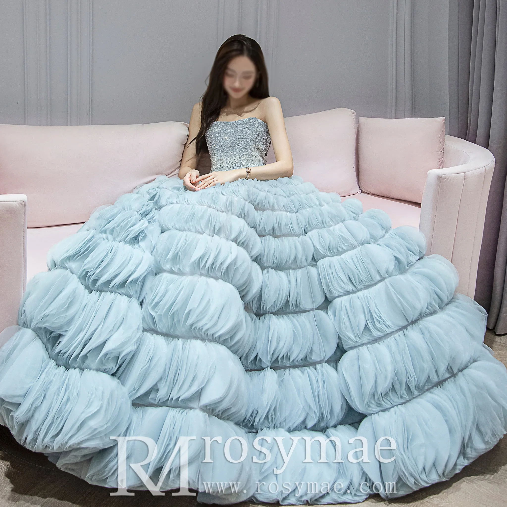 Strapless A-line Light Blue Prom Dresses Party Gown with Puffy Skirt